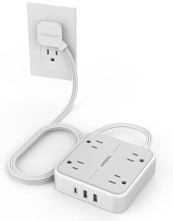 TESSAN Extension Electrica Enchufe Plano con Protector de sobretensión, Regleta Multicontacto Conector con 4 Salidas CA y 3 USB(1 USB C), Extensión Plana 1.5M para Hogar Oficina Dorm Travel Essentials.