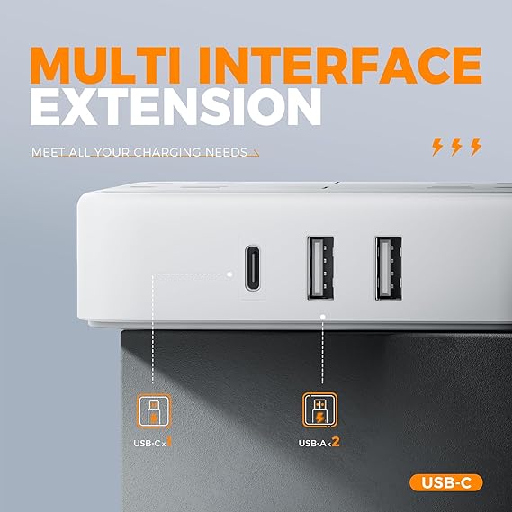 TESSAN Extension Electrica Enchufe Plano con Protector de sobretensión, Regleta Multicontacto Conector con 4 Salidas CA y 3 USB(1 USB C), Extensión Plana 1.5M para Hogar Oficina Dorm Travel Essentials.