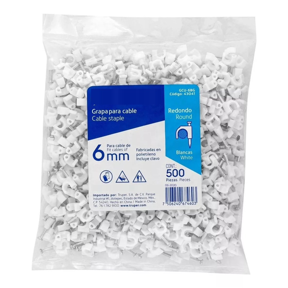 Bolsa Con 500 Grapas Blancas GCU-6BG De 6 Mm Para Cable Redondo .