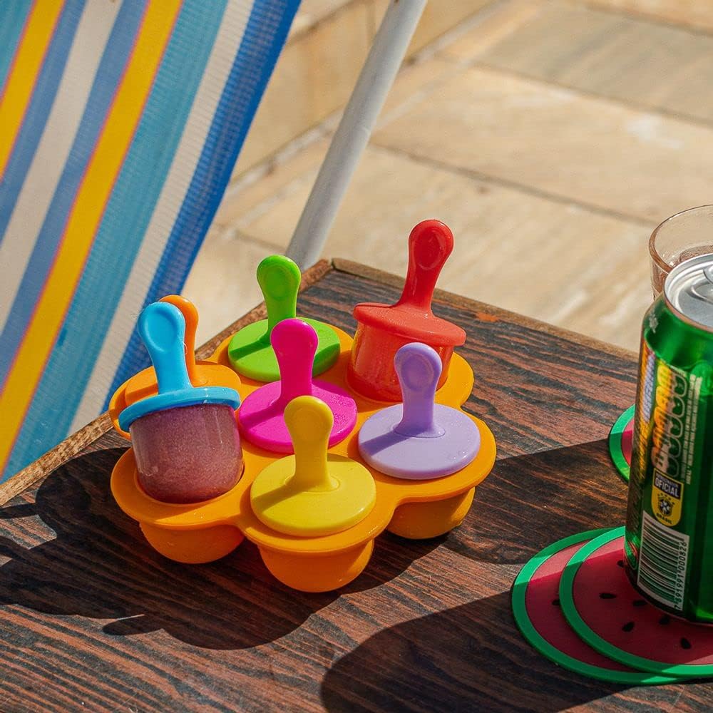 MOLDE PARA PALETAS HIELO GELATINA ECOMLAB 7 EN 1 SILICONA COLOR NARANJA.