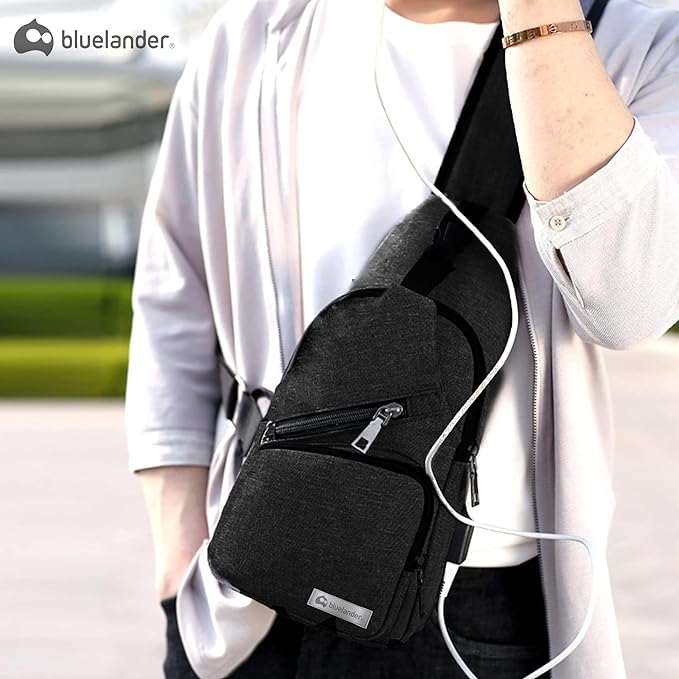 Bluelander Mochila Cruzada Antirrobo Impermeable, Bolso de Pecho para Hombre, Bolso Bandolera con Puerto de Carga USB, Perfecta para Celular, Tablets, Actividades como Deportes, Compras.