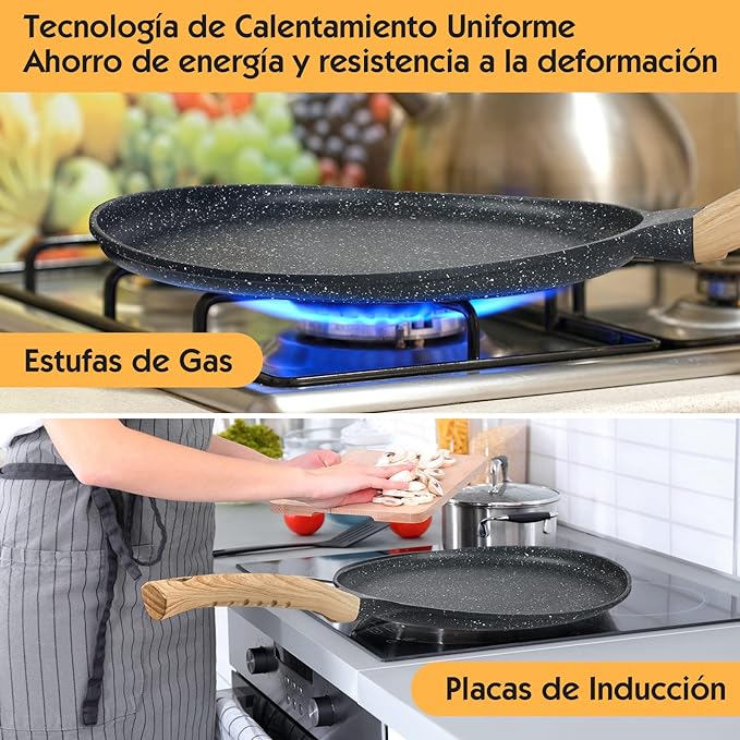 A HEEDU Crepera con Revestimiento Antiadherente 28cm para gas, eléctrica y de inducción, con Espátulas de Metal y Esparcidor de masa en forma de T.