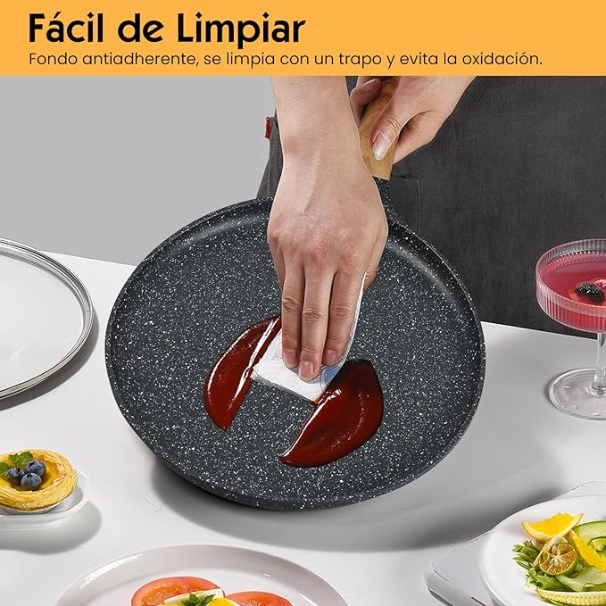 A HEEDU Crepera con Revestimiento Antiadherente 28cm para gas, eléctrica y de inducción, con Espátulas de Metal y Esparcidor de masa en forma de T.