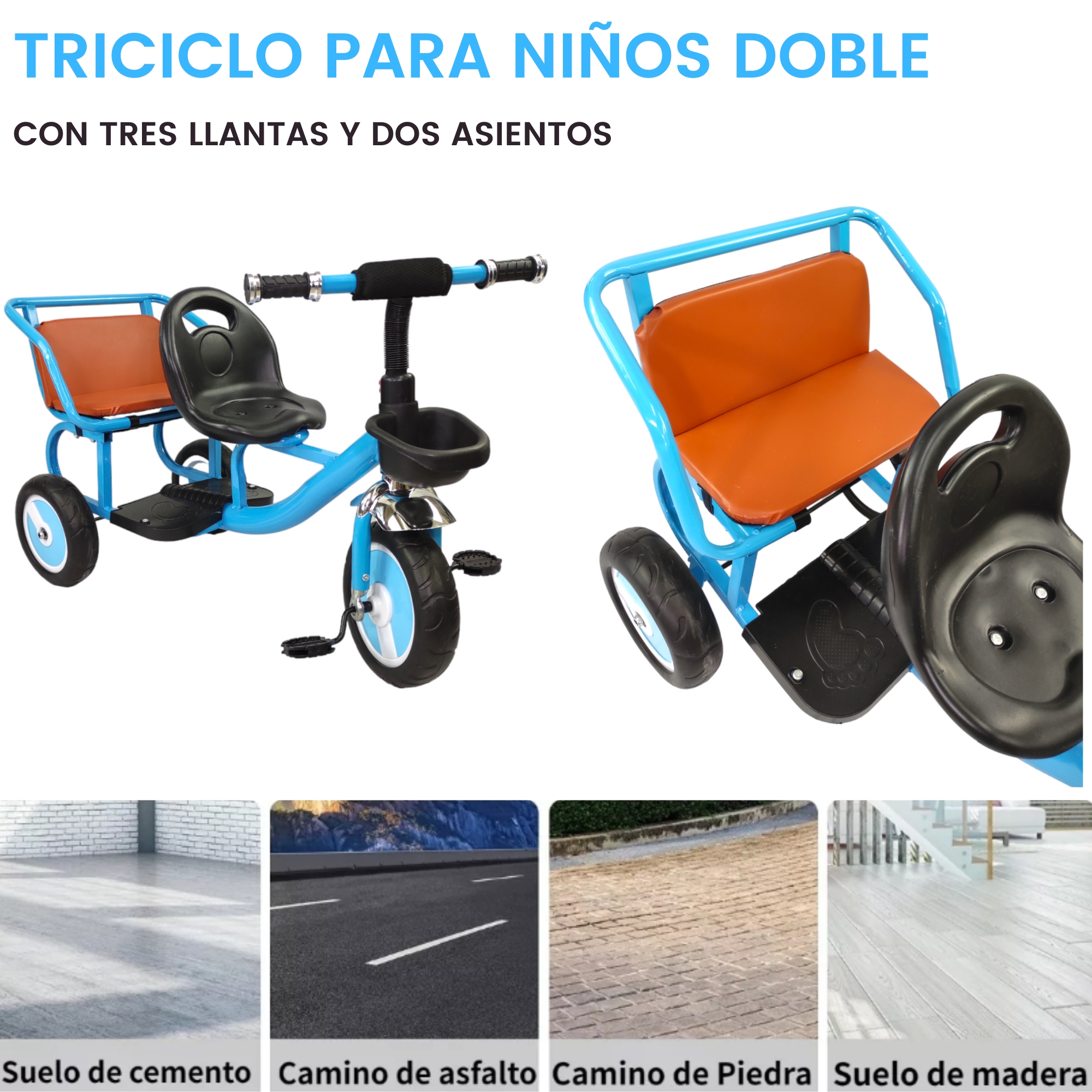 Triciclo para Niños Infantil Con Dos Asientos y Canasto  - Azul.