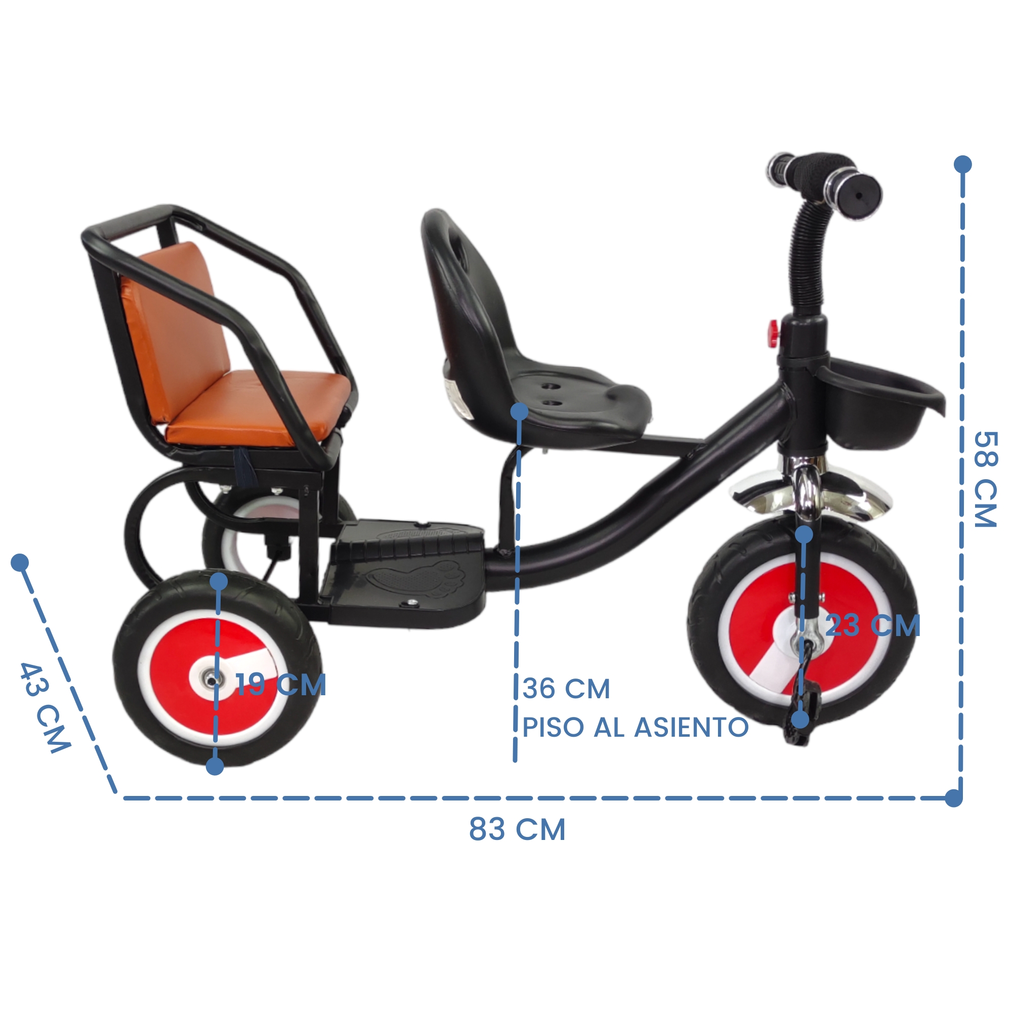 Triciclo para Niños Infantil Con Dos Asientos y Canasto  - Negro.