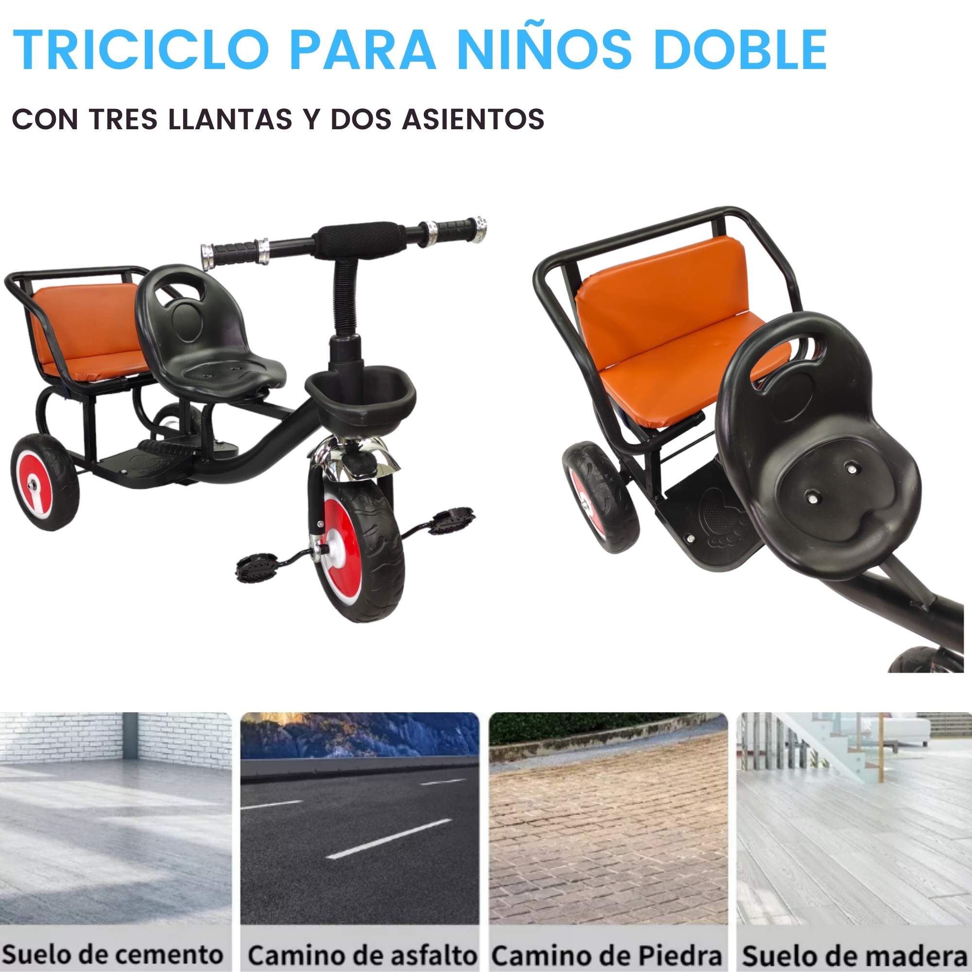 Triciclo para Niños Infantil Con Dos Asientos y Canasto  - Negro.