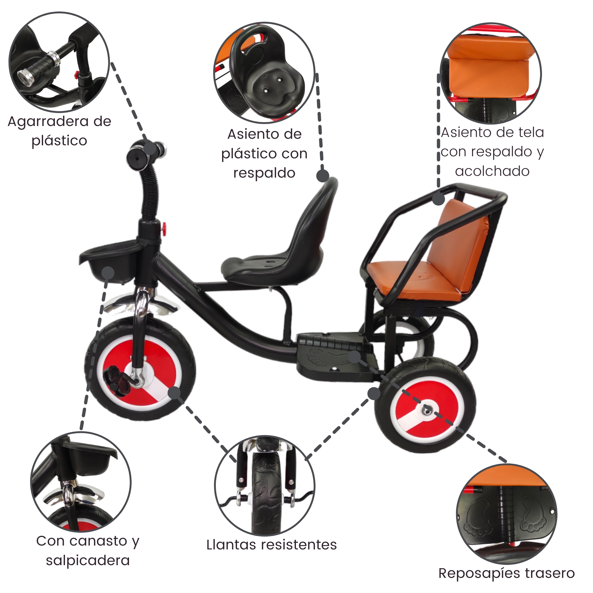 Triciclo para Niños Infantil Con Dos Asientos y Canasto  - Negro.