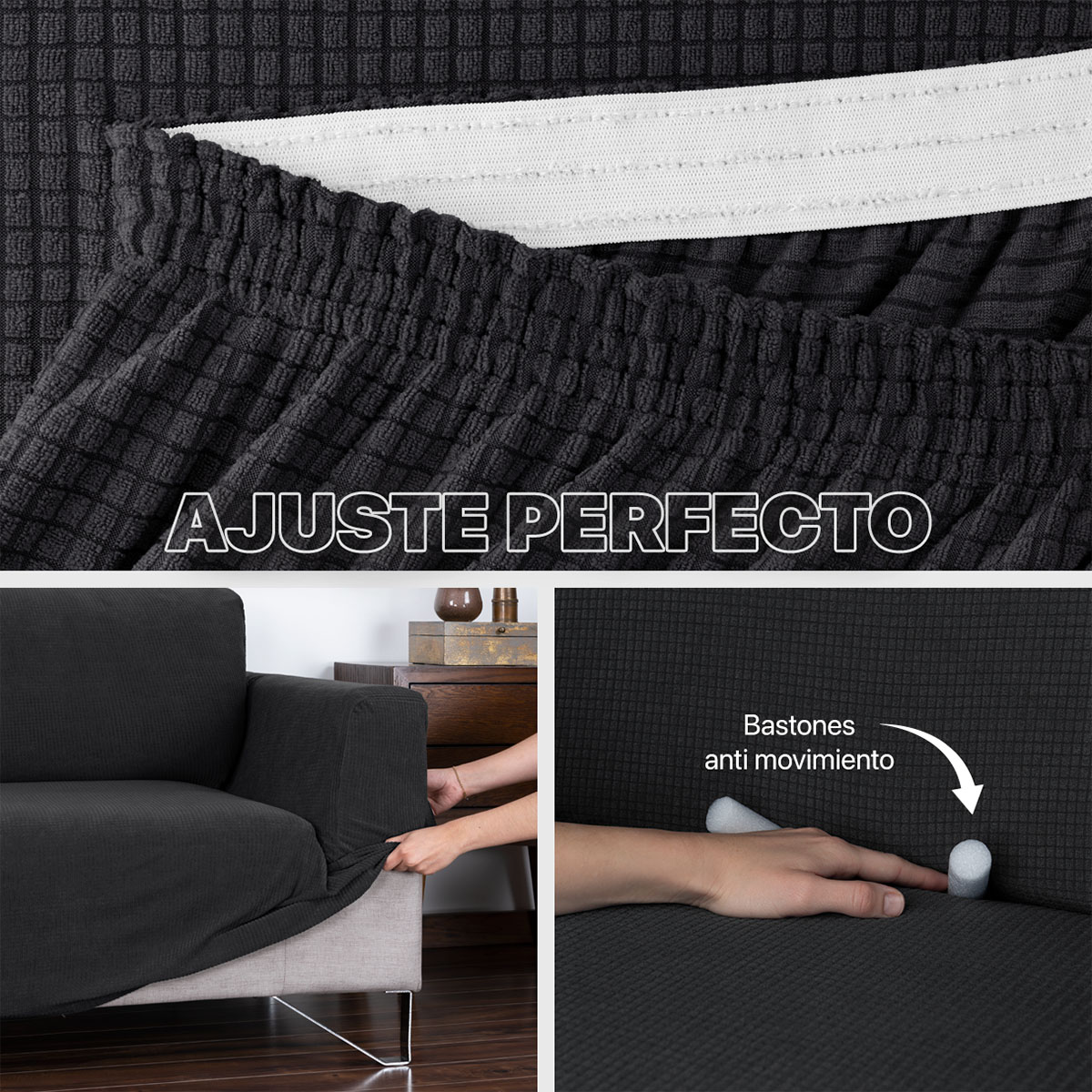 Protector De Sala Elástico 3 Piezas ( Ch- M- G) Negro REAL TEXTIL.