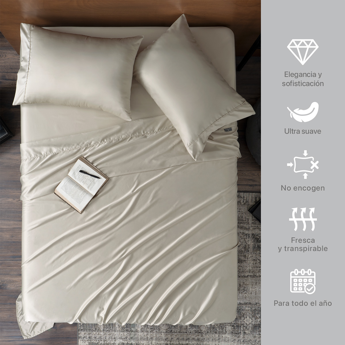 Sábanas de Satín Matrimonial Tipo Seda Suave y Lujosa Con Fundas Beige Real Textil.