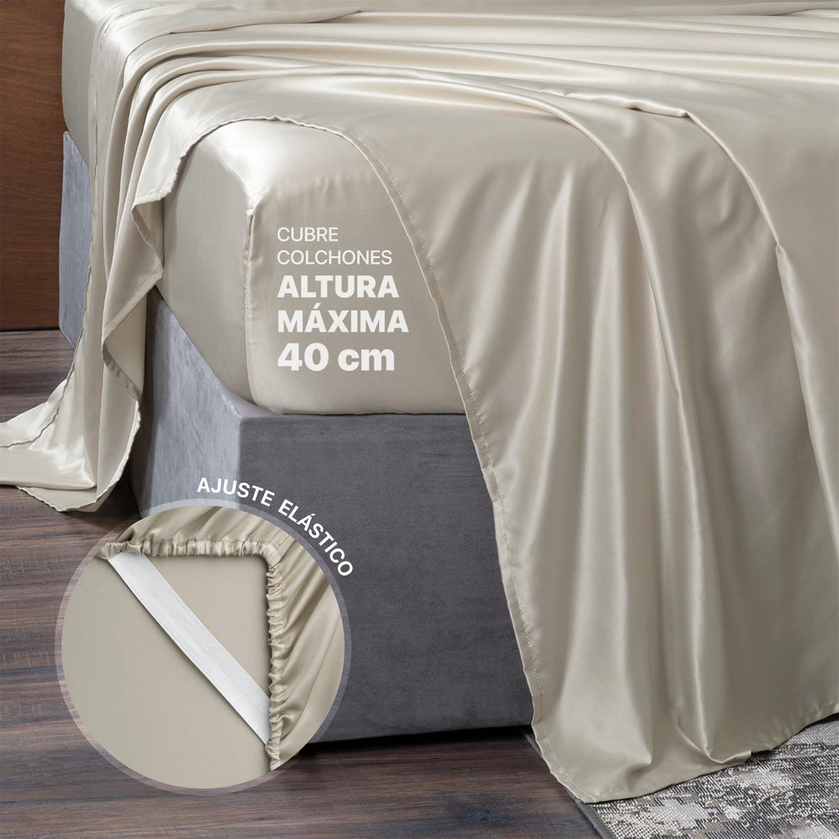Sábanas de Satín Matrimonial Tipo Seda Suave y Lujosa Con Fundas Beige Real Textil.