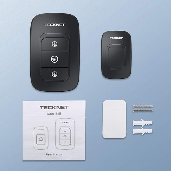 TECKNET Timbre inalámbrico, timbres de aula, fácil instalación, volumen ajustable, rango de 1300 pies con 38 campanas, kit de timbre de puerta inalámbrico, funciona con pilas, 4 niveles de volumen y.