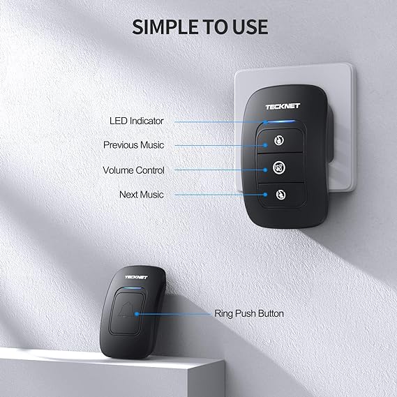TECKNET Timbre inalámbrico, timbres de aula, fácil instalación, volumen ajustable, rango de 1300 pies con 38 campanas, kit de timbre de puerta inalámbrico, funciona con pilas, 4 niveles de volumen y.