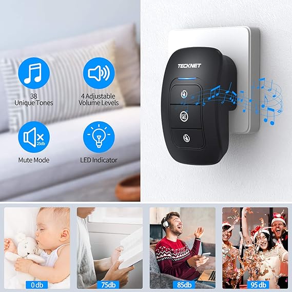 TECKNET Timbre inalámbrico, timbres de aula, fácil instalación, volumen ajustable, rango de 1300 pies con 38 campanas, kit de timbre de puerta inalámbrico, funciona con pilas, 4 niveles de volumen y.