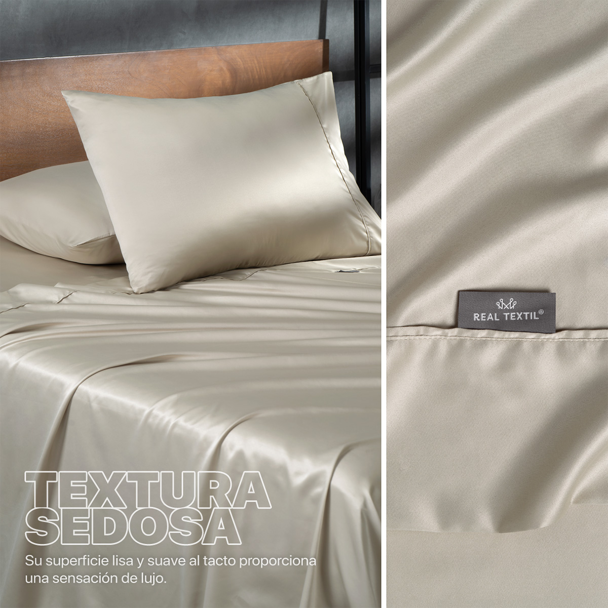 Sábanas de Satín Matrimonial Tipo Seda Suave y Lujosa Con Fundas Beige Real Textil.