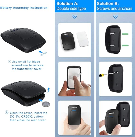 TECKNET Timbre inalámbrico, timbres de aula, fácil instalación, volumen ajustable, rango de 1300 pies con 38 campanas, kit de timbre de puerta inalámbrico, funciona con pilas, 4 niveles de volumen y.