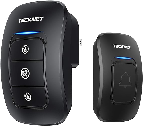 TECKNET Timbre inalámbrico, timbres de aula, fácil instalación, volumen ajustable, rango de 1300 pies con 38 campanas, kit de timbre de puerta inalámbrico, funciona con pilas, 4 niveles de volumen y.