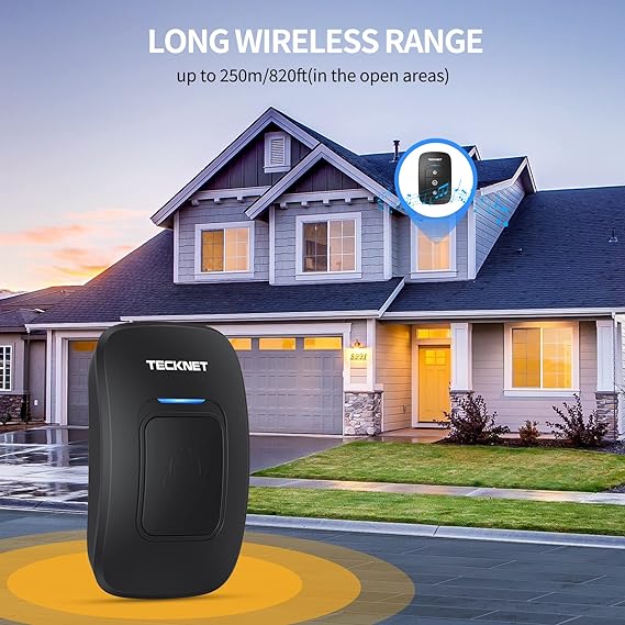 TECKNET Timbre inalámbrico, timbres de aula, fácil instalación, volumen ajustable, rango de 1300 pies con 38 campanas, kit de timbre de puerta inalámbrico, funciona con pilas, 4 niveles de volumen y.