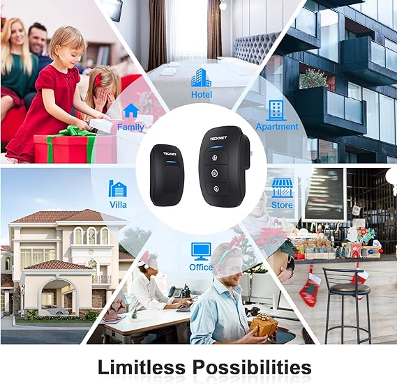 TECKNET Timbre inalámbrico, timbres de aula, fácil instalación, volumen ajustable, rango de 1300 pies con 38 campanas, kit de timbre de puerta inalámbrico, funciona con pilas, 4 niveles de volumen y.