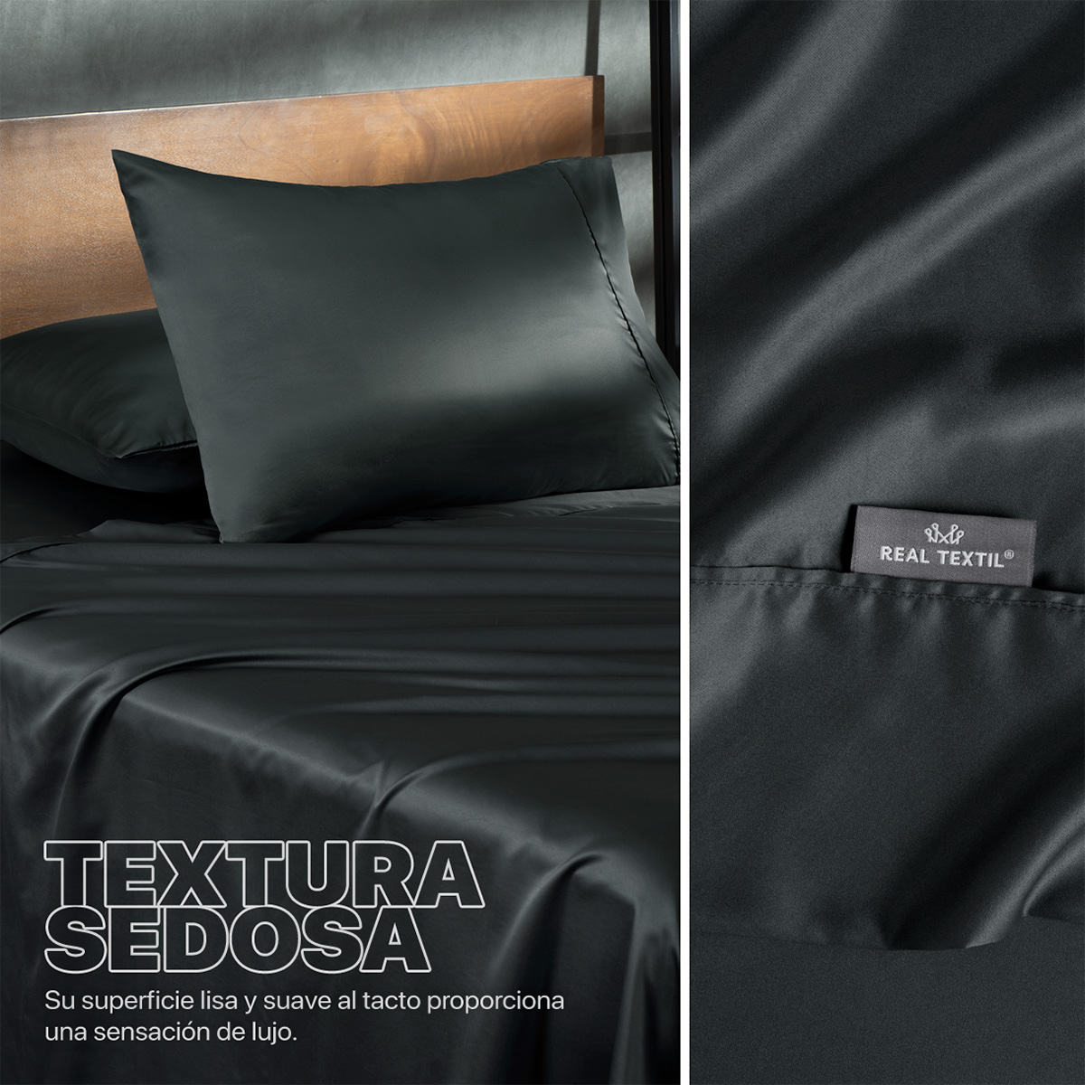 Sábanas de Satín Matrimonial Tipo Seda Suave y Lujosa Con Fundas Negra Real Textil.