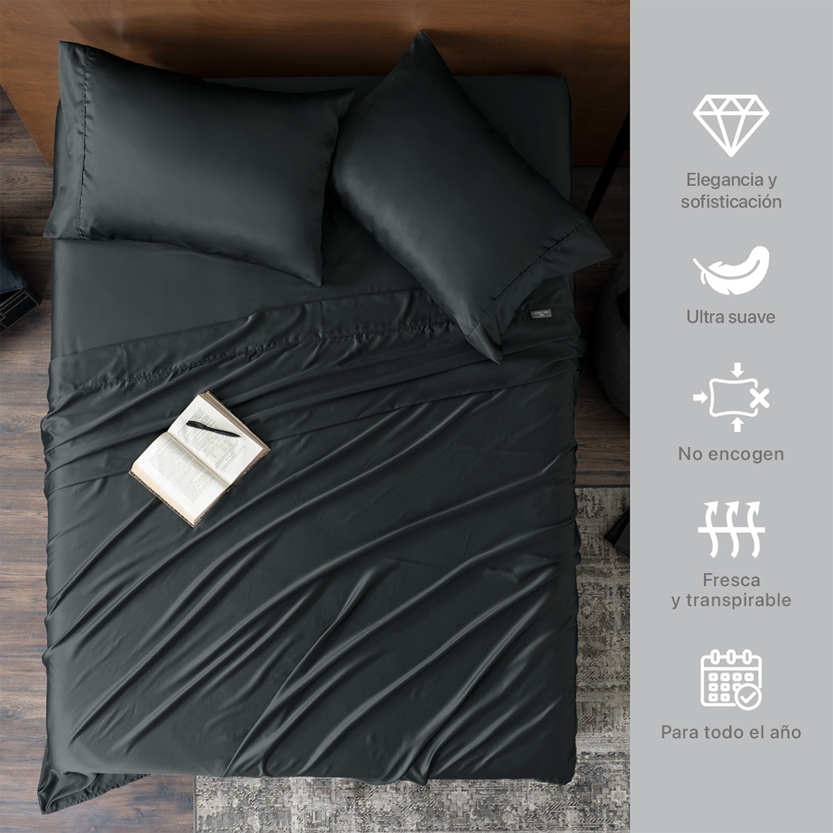 Sábanas de Satín Matrimonial Tipo Seda Suave y Lujosa Con Fundas Negra Real Textil.
