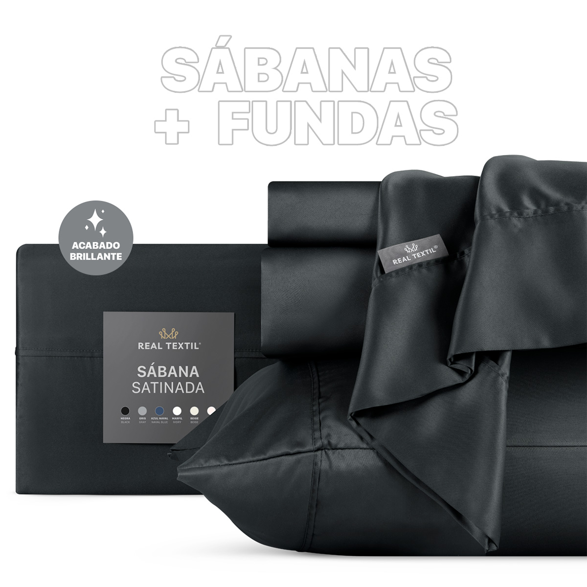 Sábanas de Satín Matrimonial Tipo Seda Suave y Lujosa Con Fundas Negra Real Textil.