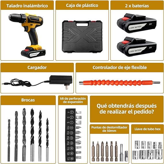 Taladro Atornillador Batería 20V, 3 En 1 Taladro Eléctrico con 2 Baterías Recargables, Taladro Inalámbrico 2 Velocidades 42Nm Máx, 25+1Ajuste de Par LED Luz Destornillador para Bricolaje y Perforación.