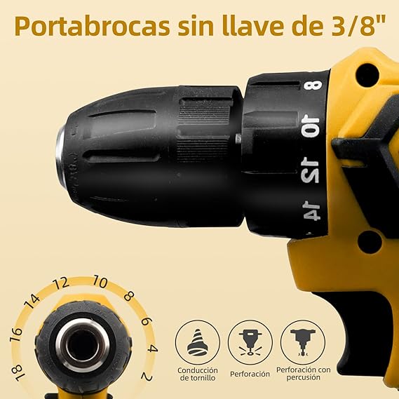 Taladro Atornillador Batería 20V, 3 En 1 Taladro Eléctrico con 2 Baterías Recargables, Taladro Inalámbrico 2 Velocidades 42Nm Máx, 25+1Ajuste de Par LED Luz Destornillador para Bricolaje y Perforación.