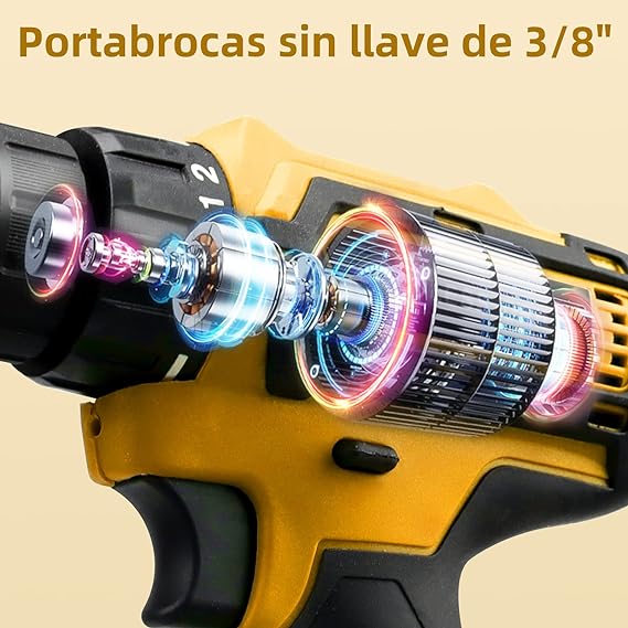 Taladro Atornillador Batería 20V, 3 En 1 Taladro Eléctrico con 2 Baterías Recargables, Taladro Inalámbrico 2 Velocidades 42Nm Máx, 25+1Ajuste de Par LED Luz Destornillador para Bricolaje y Perforación.