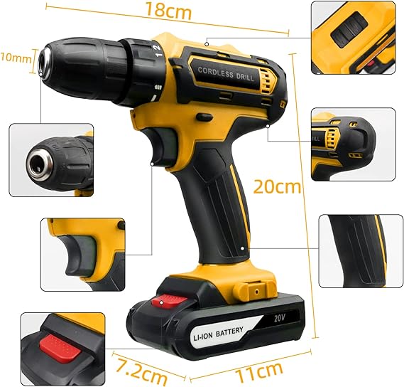 Taladro Atornillador Batería 20V, 3 En 1 Taladro Eléctrico con 2 Baterías Recargables, Taladro Inalámbrico 2 Velocidades 42Nm Máx, 25+1Ajuste de Par LED Luz Destornillador para Bricolaje y Perforación.