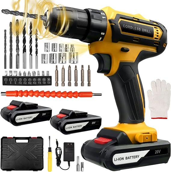 Taladro Atornillador Batería 20V, 3 En 1 Taladro Eléctrico con 2 Baterías Recargables, Taladro Inalámbrico 2 Velocidades 42Nm Máx, 25+1Ajuste de Par LED Luz Destornillador para Bricolaje y Perforación.