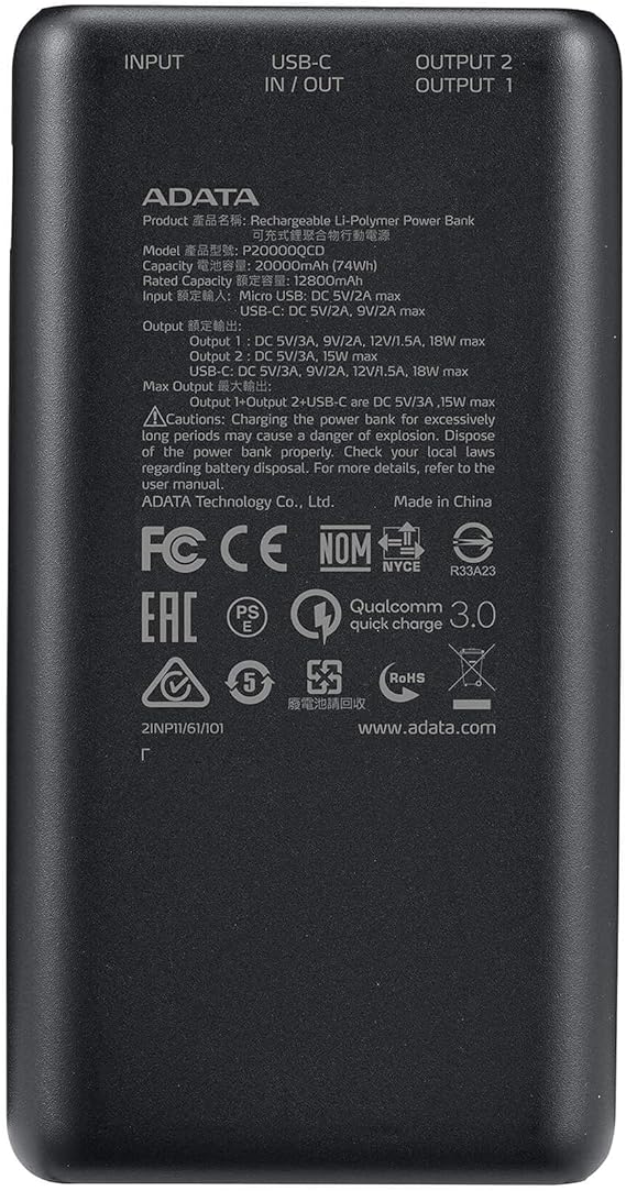 ADATA Powerbank Batería Portátil Recargable P20000QCD Power Bank de 20,000 mAh (74Wh), Color Negro (AP20000QCD-DGT-CBK), Tecnologías de Carga Rápida Qualcomm QC 3.0  USB PD 3.0.