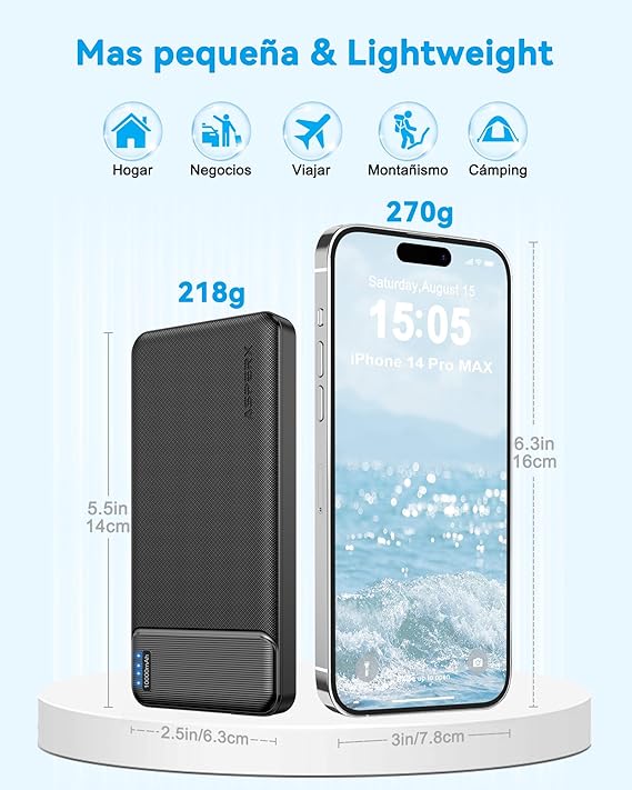 AsperX 2-Pack Power Bank 10000mAh bateria portatil USB C Pila portatil powerbank Carga rapida Cargador portatil with 3 Output Pila Recargable para iPhone 15 14 13 12 Samsung S22 S21 Xiaomi Google LG.