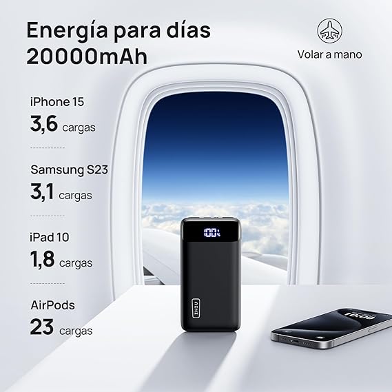 INIU Power Bank 20000mAh, 22.5W Carga Rápida Bateria Portatil PD3.0 QC4.0, USB C Pila Portatil de 3 Salidas,