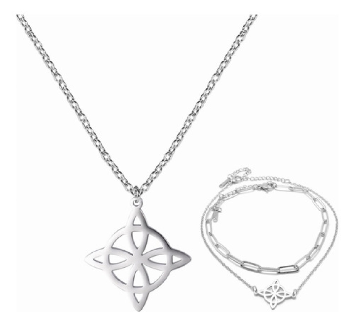 ollar Y Pulsera Celta Nudo De Bruja Acero Inoxidable plata