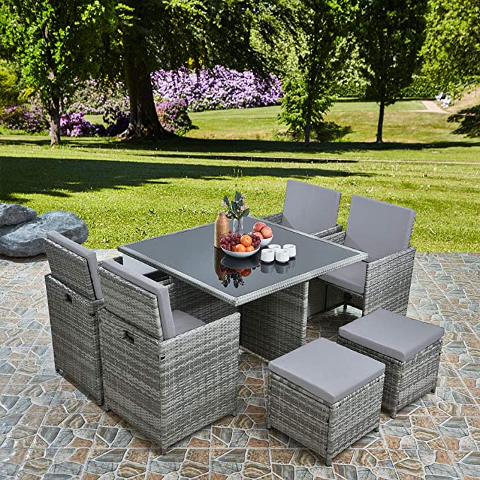 Ilios Innova Comedor para Jardín Juego de 8 sillas acojinadas de ratán con Mesa de Vidrio Templado para Exterior (Gris)
