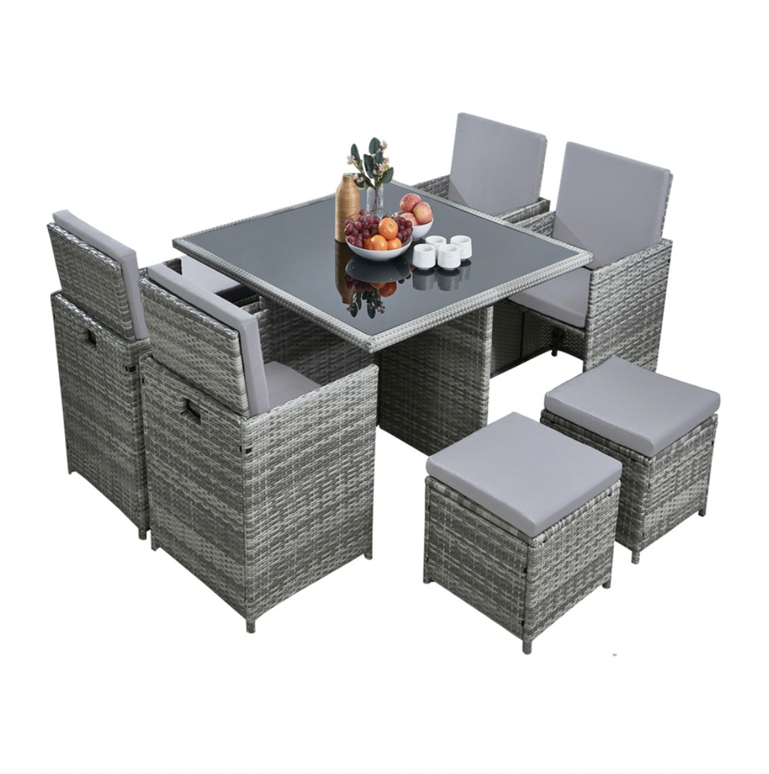Ilios Innova Comedor para Jardín Juego de 8 sillas acojinadas de ratán con Mesa de Vidrio Templado para Exterior (Gris)