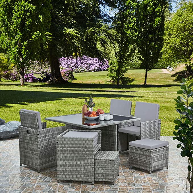 Ilios Innova Comedor para Jardín Juego de 8 sillas acojinadas de ratán con Mesa de Vidrio Templado para Exterior (Gris)