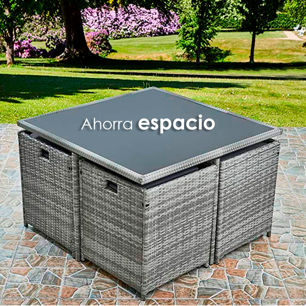 Ilios Innova Comedor para Jardín Juego de 8 sillas acojinadas de ratán con Mesa de Vidrio Templado para Exterior (Gris)