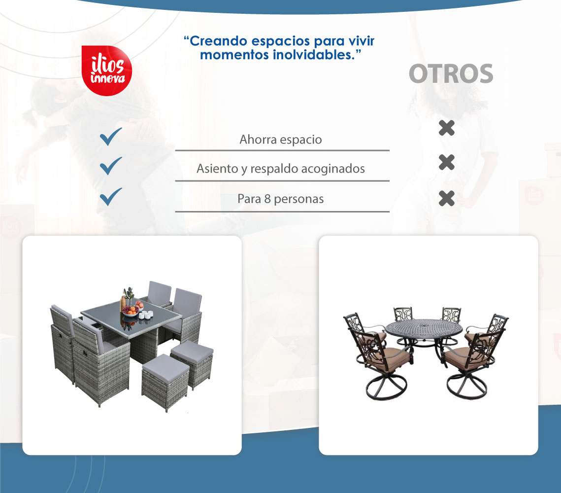 Ilios Innova Comedor para Jardín Juego de 8 sillas acojinadas de ratán con Mesa de Vidrio Templado para Exterior (Gris)