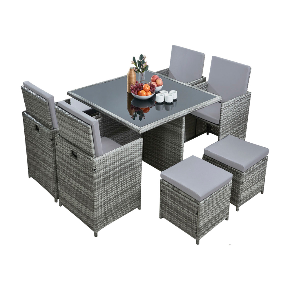 Ilios Innova Comedor para Jardín Juego de 8 sillas acojinadas de ratán con Mesa de Vidrio Templado para Exterior (Gris)