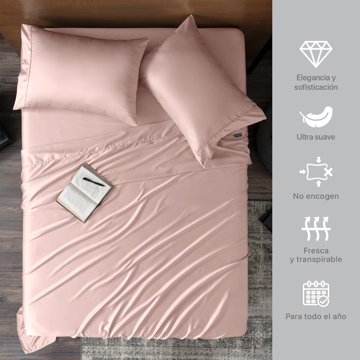 Sábanas de Satín King Size Tipo Seda Suave y Lujosa Con Fundas Rosa Real Textil.