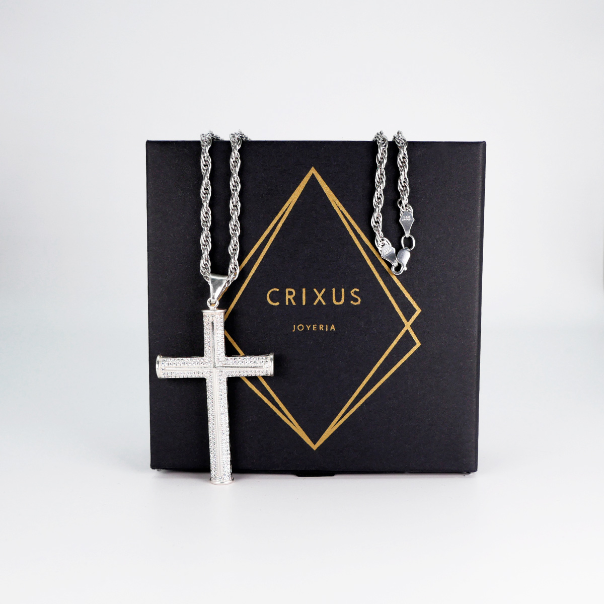 Collar cadena y dije de cruz plata con piedra zirconia suiza 
