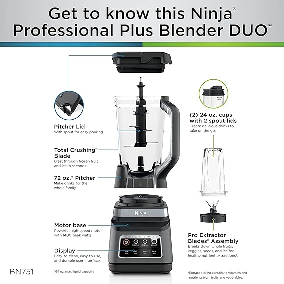 Ninja - Bender BN751 Professional Plus DUO, 1400 vatios de pico, 3 programas Auto-IQ para batidos, bebidas congeladas y extracciones de nutrientes, 72 oz Jarra trituradora total y (2).