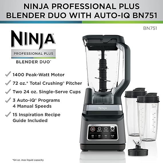 Ninja - Bender BN751 Professional Plus DUO, 1400 vatios de pico, 3 programas Auto-IQ para batidos, bebidas congeladas y extracciones de nutrientes, 72 oz Jarra trituradora total y (2).
