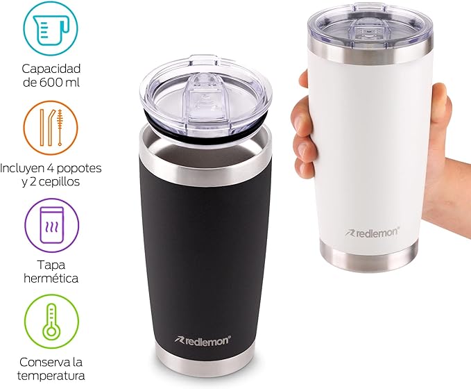 Redlemon Vaso Térmico Doble Pared de Acero Inoxidable 600 ml (2 Piezas). Termo para Agua y Café con Tapa Hermética. Taza Mantiene tu Bebida Caliente 4 Horas y Fría 6 Horas. Incluye Popotes y Limpiador.
