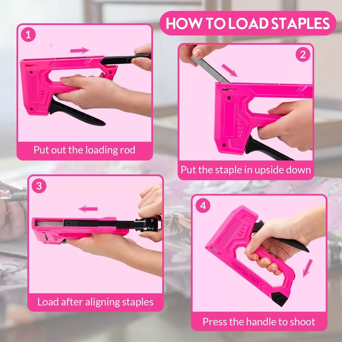 Engrapadora Pistola Ligera Para Tapiceria 2100 Grapas 3 En 1 Rosa.