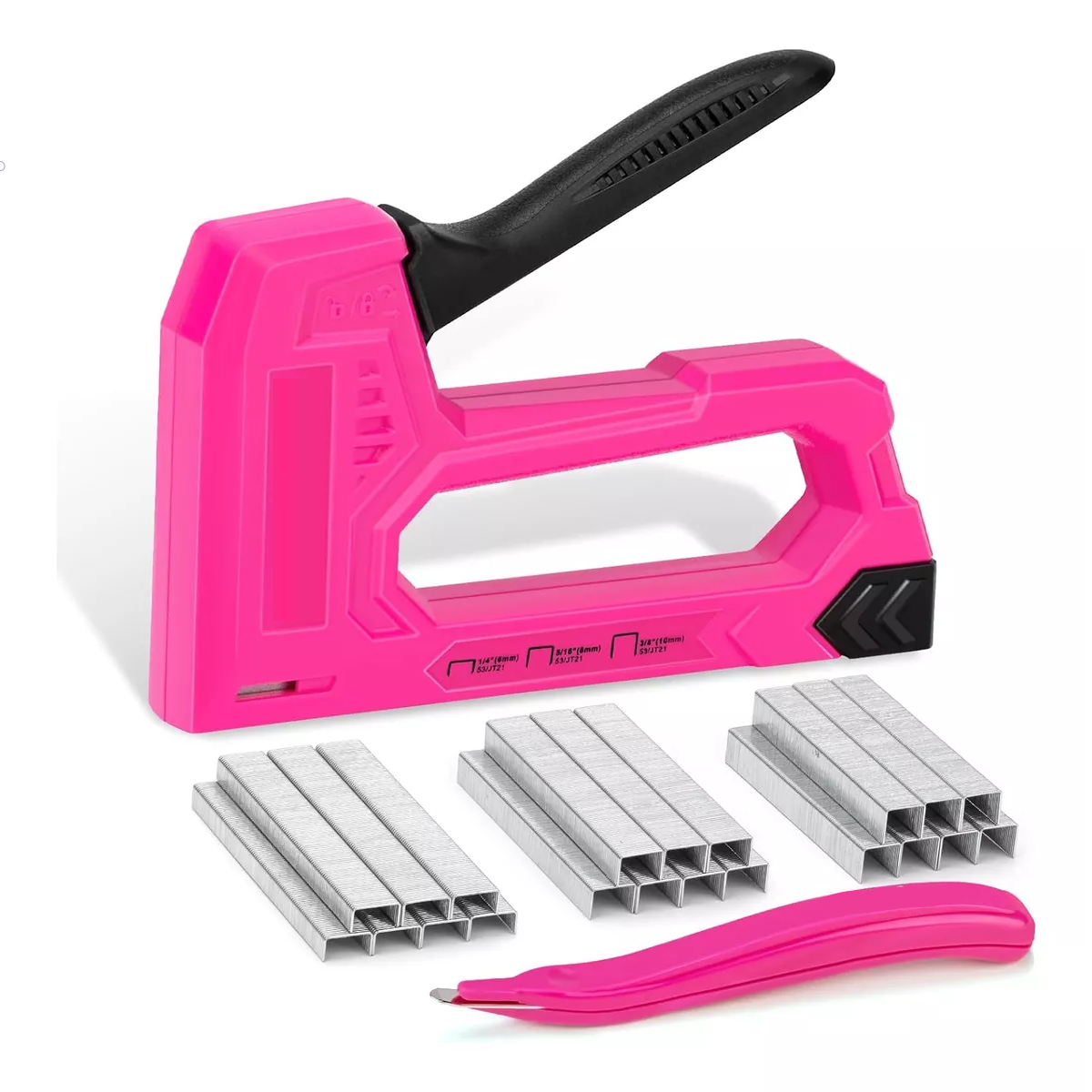 Engrapadora Pistola Ligera Para Tapiceria 2100 Grapas 3 En 1 Rosa.