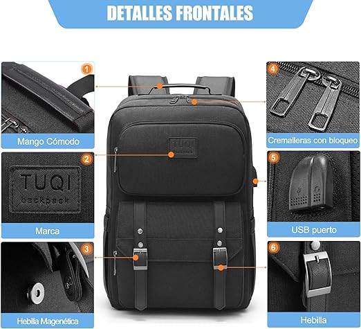 A TUQI Mochila para Laptop portátil, Mochila de viaje, mochila de tipo casual para hombres y mujeres, impermeable y la tela durable con bolsillos multifuncionales, para el viaje, negocios, etc. Negra.