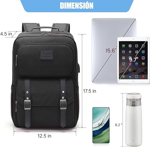A TUQI Mochila para Laptop portátil, Mochila de viaje, mochila de tipo casual para hombres y mujeres, impermeable y la tela durable con bolsillos multifuncionales, para el viaje, negocios, etc. Negra.