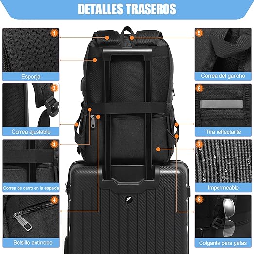 A TUQI Mochila para Laptop portátil, Mochila de viaje, mochila de tipo casual para hombres y mujeres, impermeable y la tela durable con bolsillos multifuncionales, para el viaje, negocios, etc. Negra.
